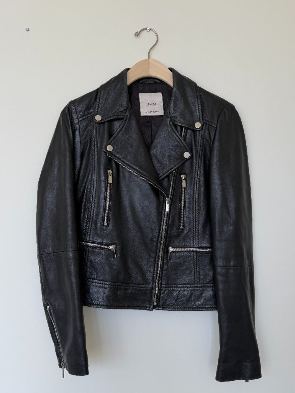 MANGO Genuine Black Leather Moto Jacket - Size XS